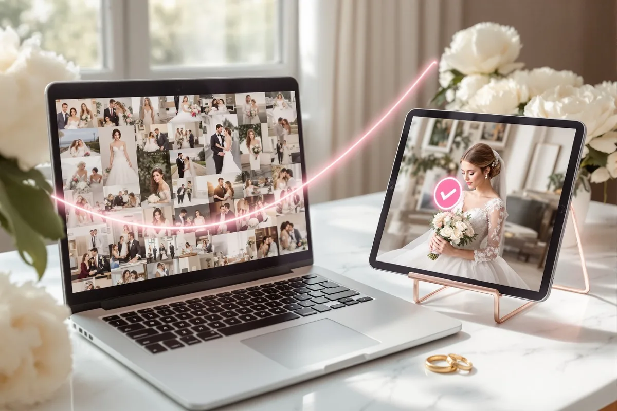 Laptop z mozaiką zdjęć ślubnych ze strony fotografa i tablet z gotową kartą ogłoszenia ze zdjęciem panny młodej, połączone różową wstęgą światła